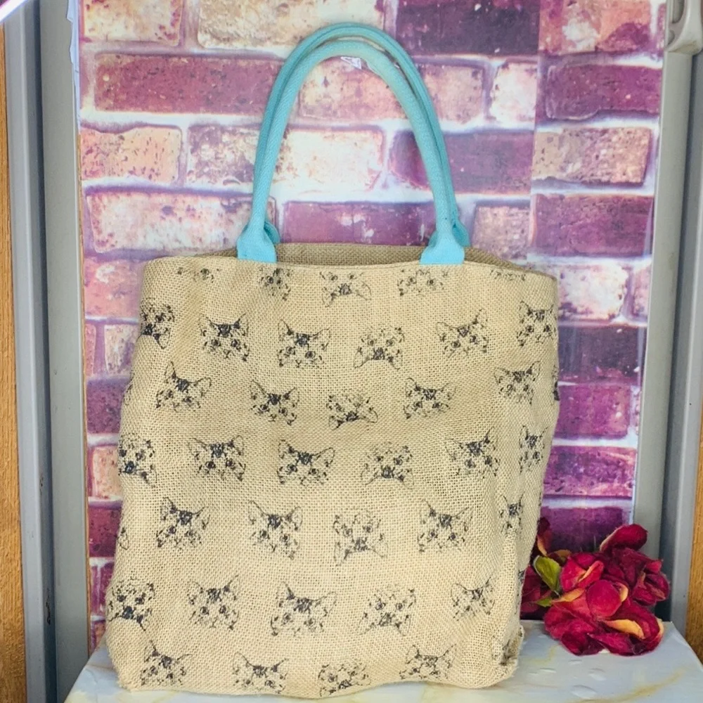 Burlap Tan Cat Print Large Beach Tote